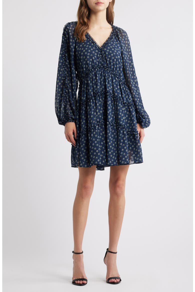 Tiered Ruffle Long Sleeve Chiffon Dress, Main, color, NAVY-BEIGE DONNA FLORAL