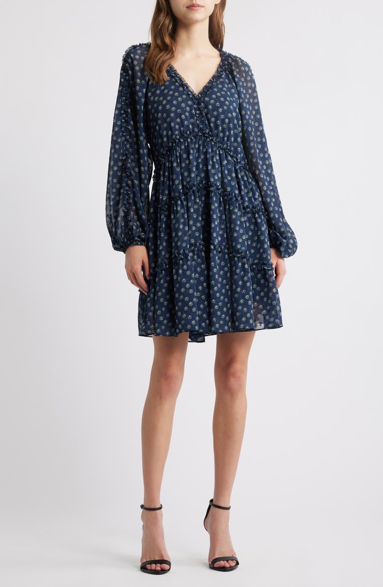 Chelsea28 Tiered Ruffle Long Sleeve Chiffon Dress, Main, color, Navy-Beige Donna Floral