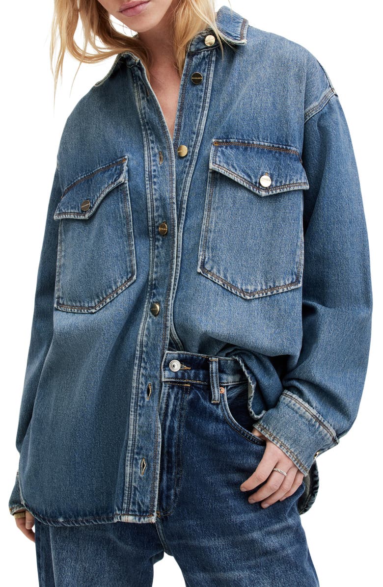 AllSaints Alba Oversize Denim Button-Up Shirt, Main, color, 