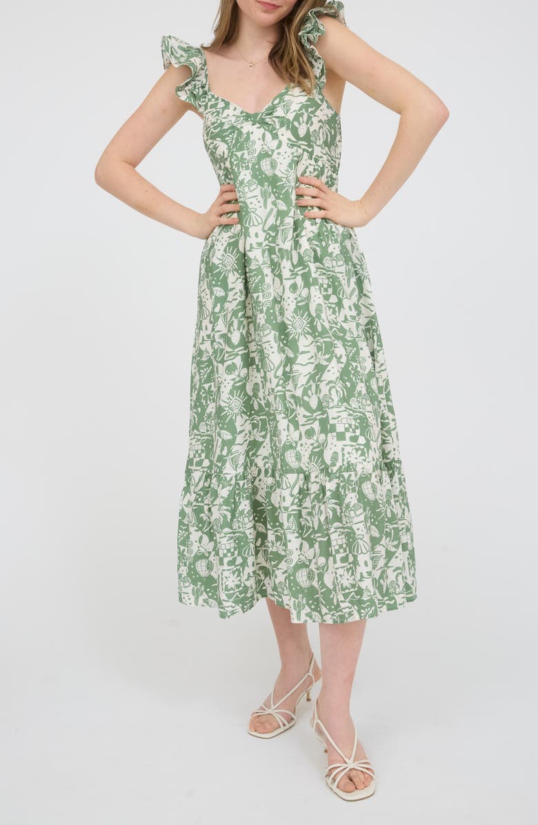 AUGUST SKY Ruffle Strap Empire Waist Midi Dress, Main, color, Moss Green