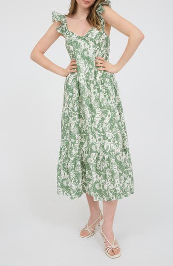 August Sky Ruffle Strap Empire Waist Midi Dress