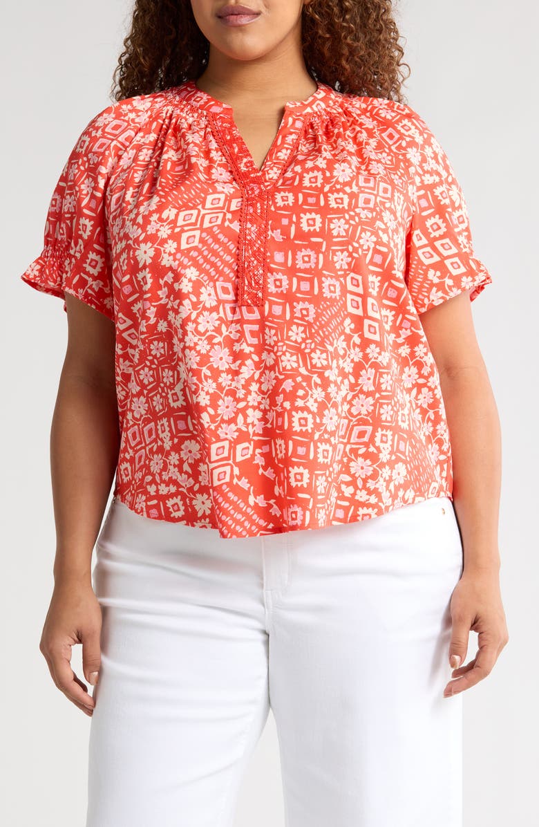 Wit & Wisdom Print Puff Sleeve Top, Main, color, Papaya Punch Multi
