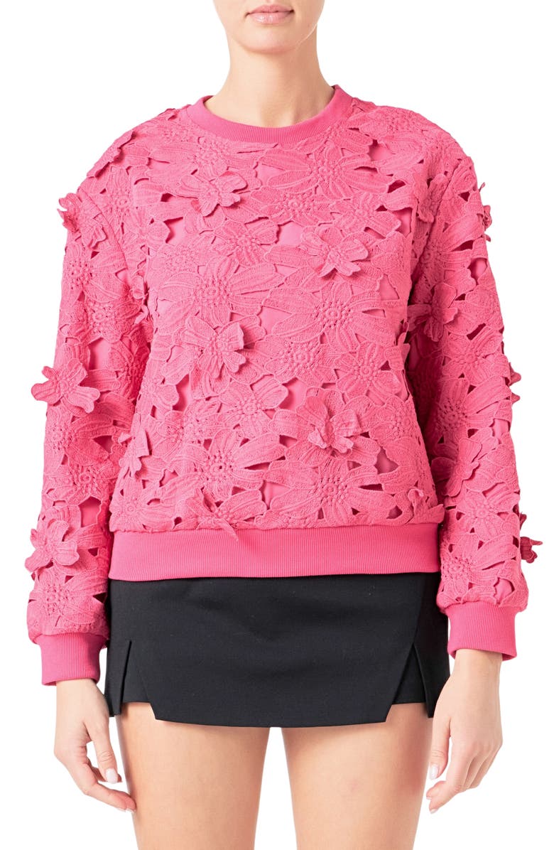 Endless Rose Floral Lace Sweatshirt, Main, color, Fuchsia