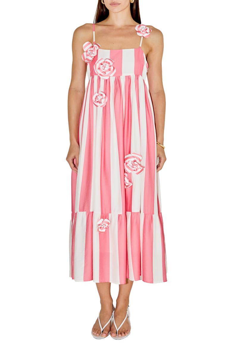 Striped Appliqu Midi Dress, Main, color, GUAVA/ WHITE