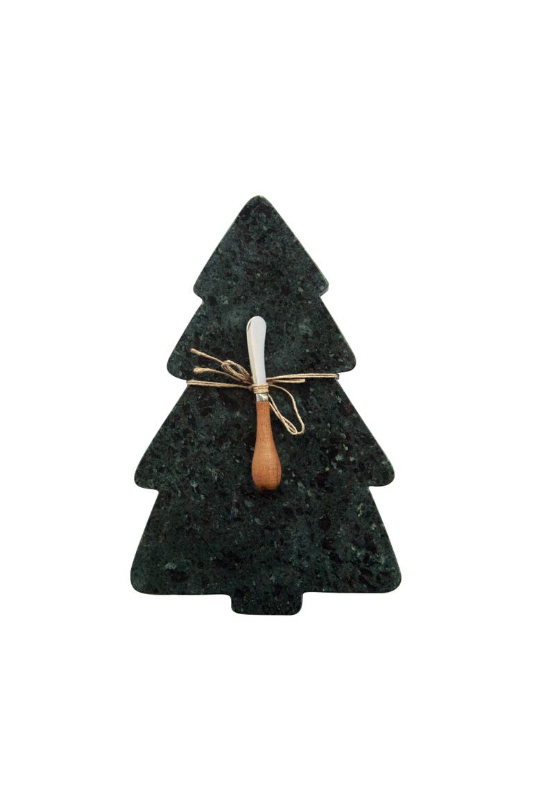 Marble Tree Shaped Cheese & Cutting Board with Canape Knife, Green & Natural, Main, color, Green & Natural