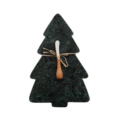 Marble Tree Shaped Cheese & Cutting Board with Canape Knife, Green & Natural