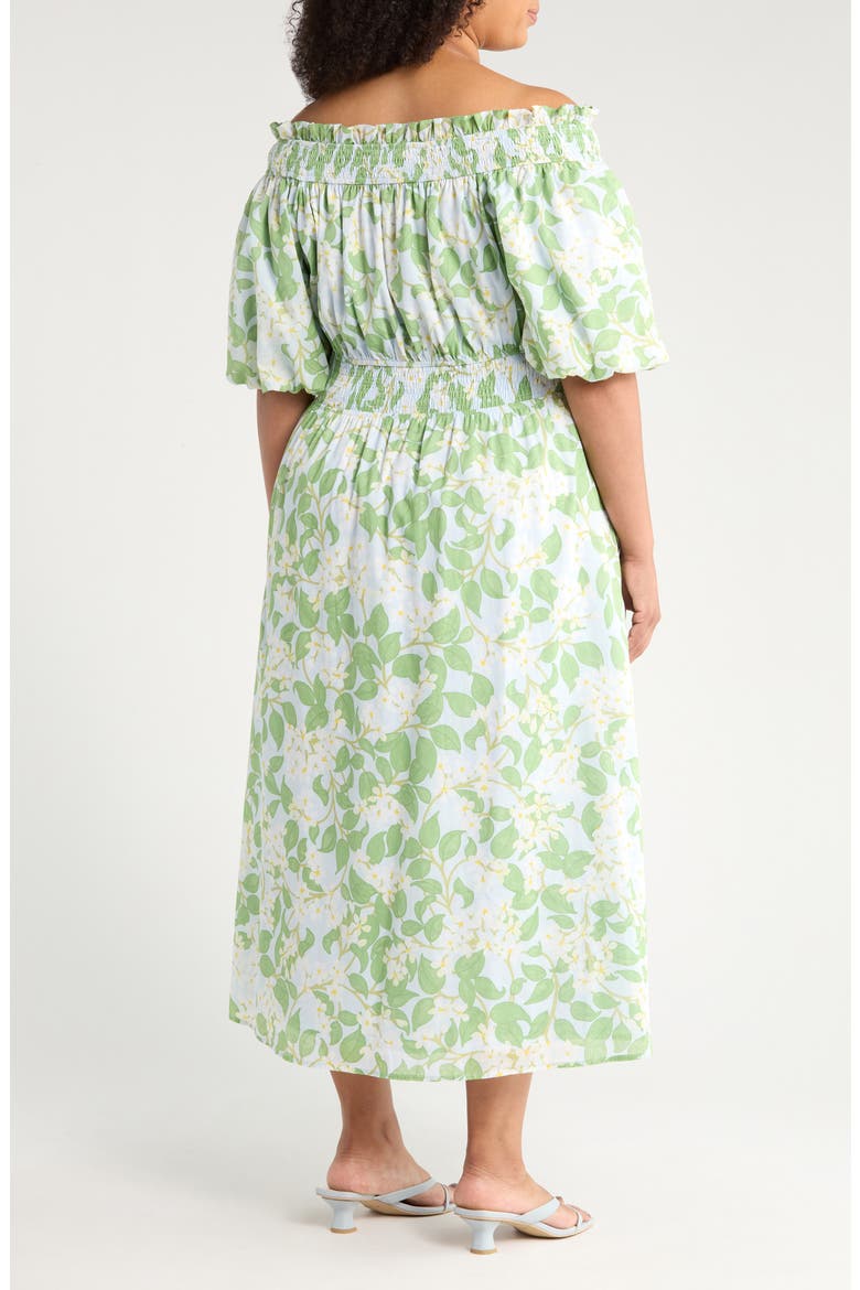 Kiany Floral Magna Town Off the Shoulder Cotton Midi Dress, Alternate, color, LIGHT BLUE/ GREEN