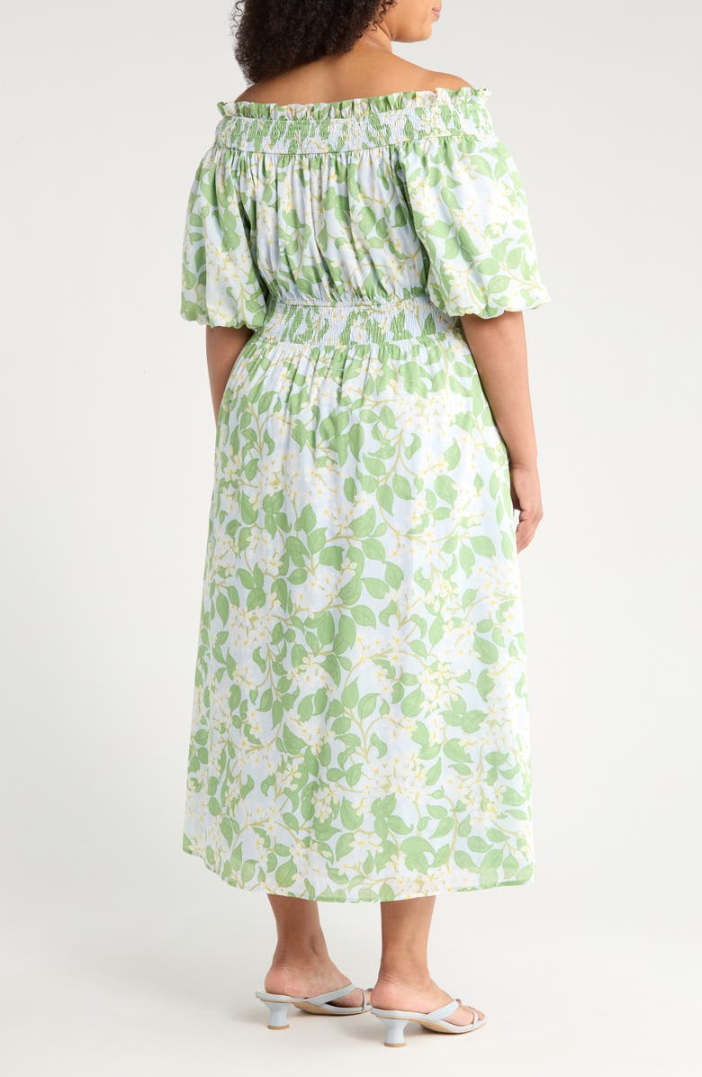 SUGARLIPS Kiany Floral Magna Town Off the Shoulder Cotton Midi Dress, Alternate, color, Light Blue/ Green