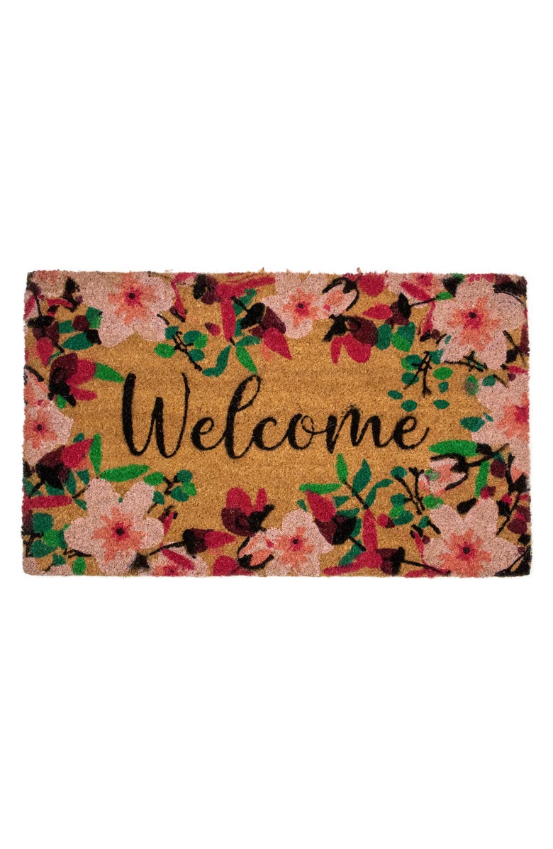 Northlight Natural Coir Blossoming Floral Outdoor Rectangular "Welcome" Doormat 18" x 30", Main, color, Brown