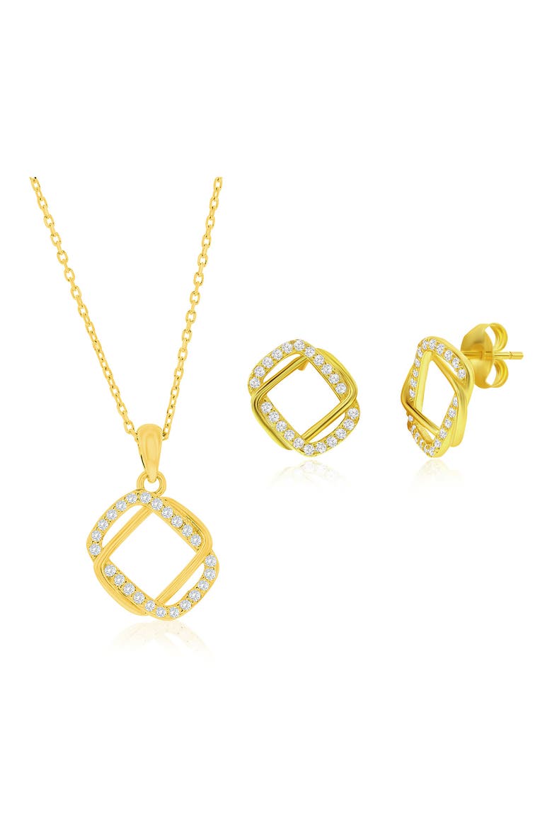 Cubic Zirconia Interlocking Rectangle Stud Earrings & Pendant Necklace Set, Main, color, GOLD