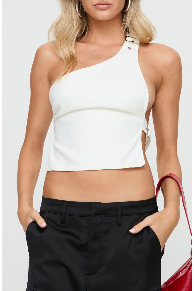 Buckled Down One-Shoulder Crop Top, Main, color, WHITE