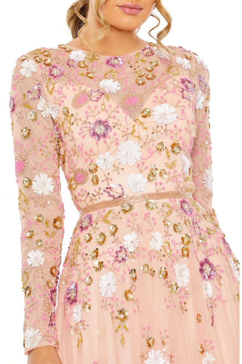 Sequined Floral Long Sleeve High Neck Midi Dress, Alternate, color, BLUSH