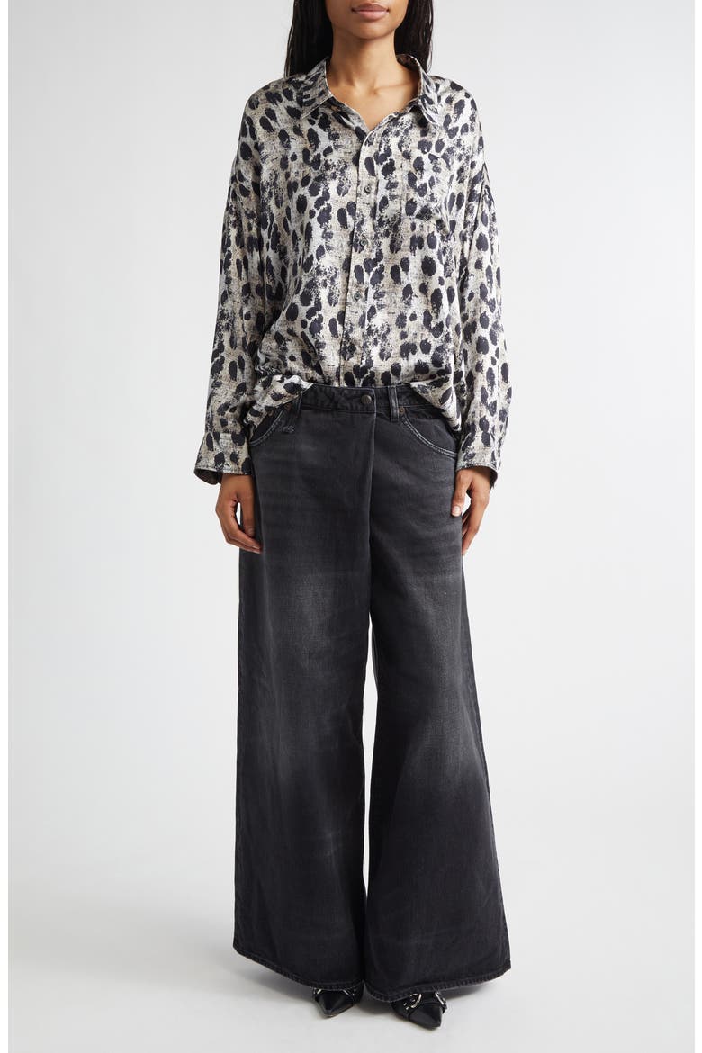 Leopard Print Drop Neck Silk Button-Up Shirt, Alternate, color, BLACK SILVER LEOPARD