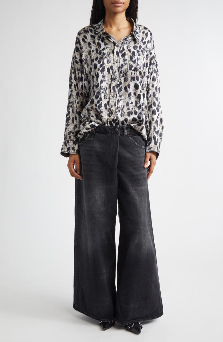 R13 Leopard Print Drop Neck Silk Button-Up Shirt, Alternate, color, Black Silver Leopard