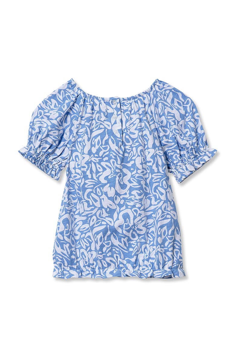 Girls Shirred Puff Blouse, Alternate, color, Blue Tropical Floral