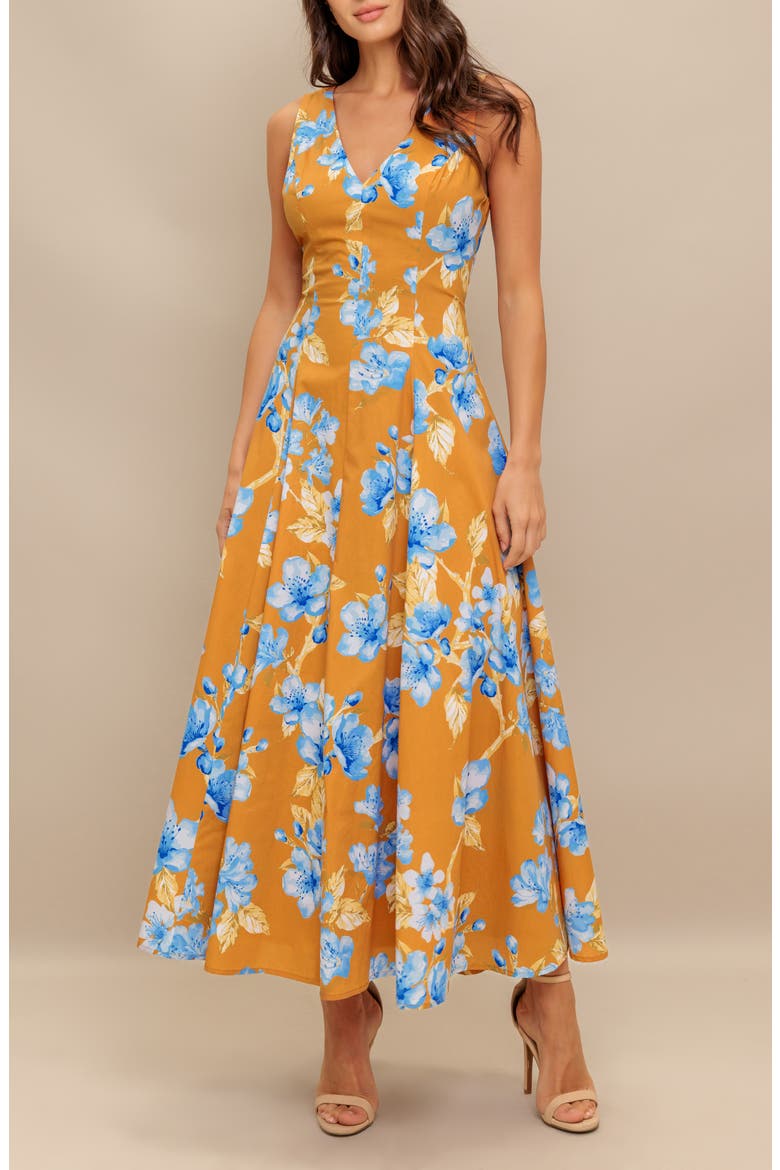 Floral Fit & Flare Midi Dress, Alternate, color, CAMEL