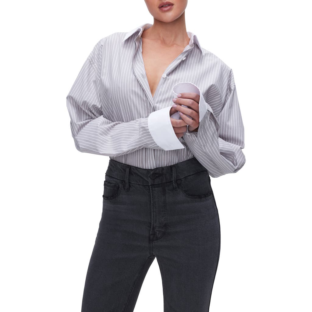 Good American Good Yarn Dye Cotton Poplin Button-up Shirt In Grey Stripe005