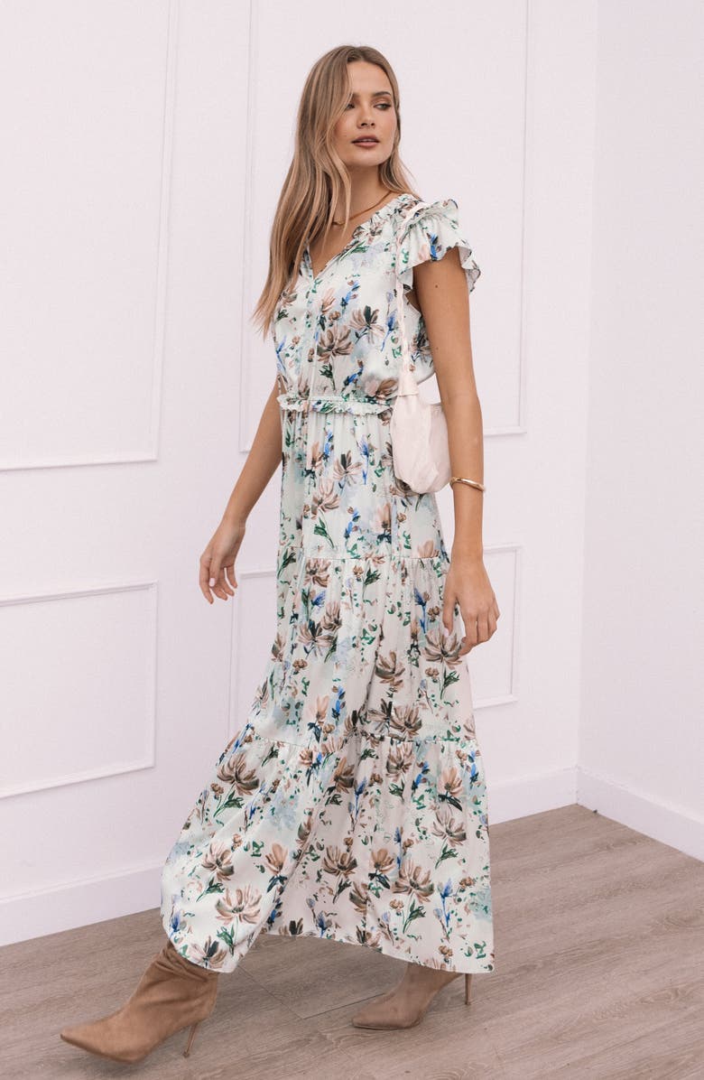 Petal & Pup Lizzie Floral Cap Sleeve Tiered Maxi Dress, Alternate, color, Cream Floral