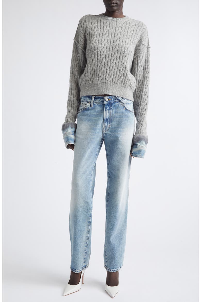 Karine Pollock Denim Cuff Cable Knit Merino Wool Sweater, Alternate, color, POLLOCK