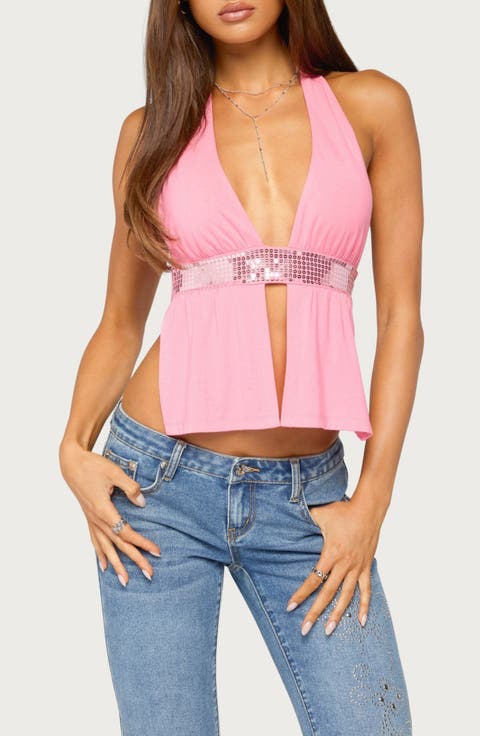 Heily Sequin Split Front Halter Top