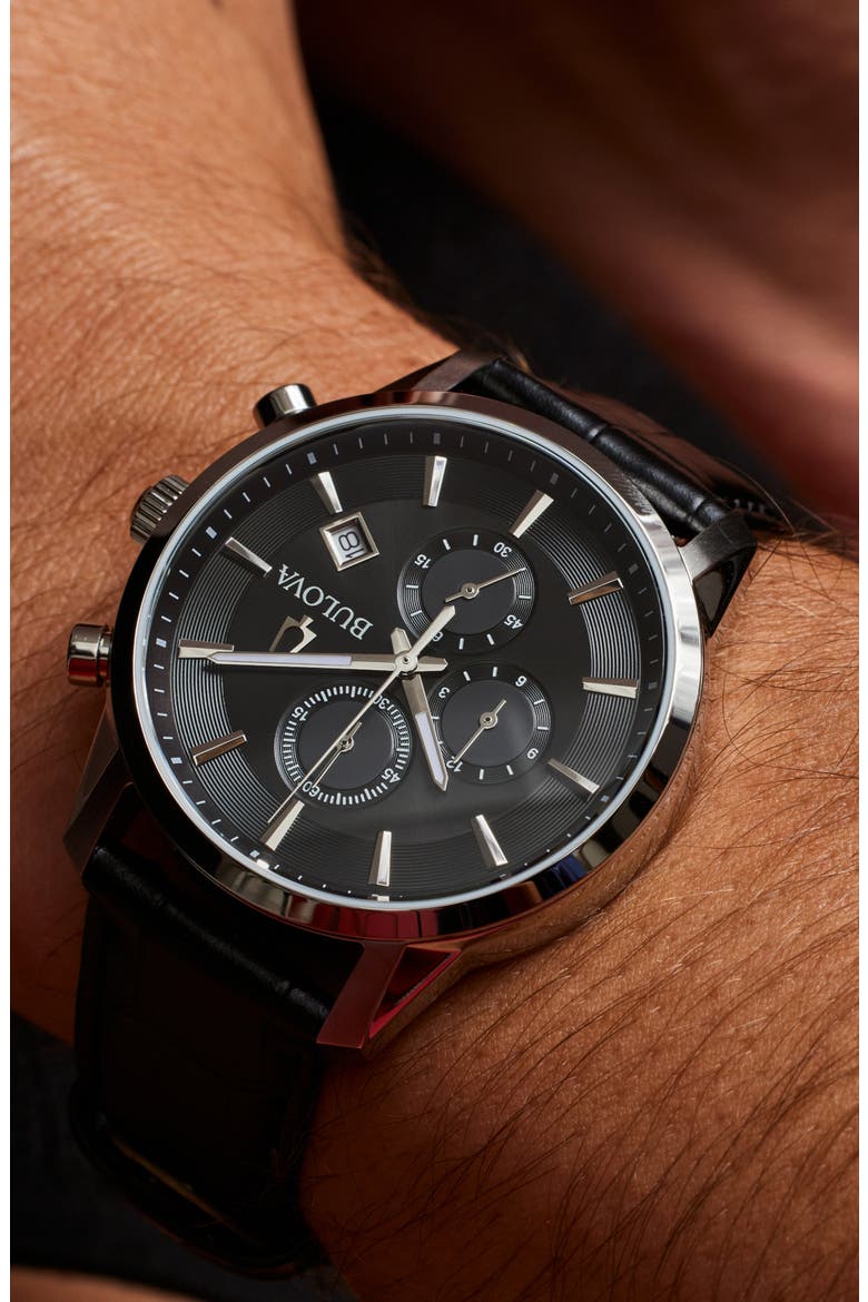 Sutton Leather Strap Chronograph Watch, 41mm, Alternate, color, SILVER-TONE