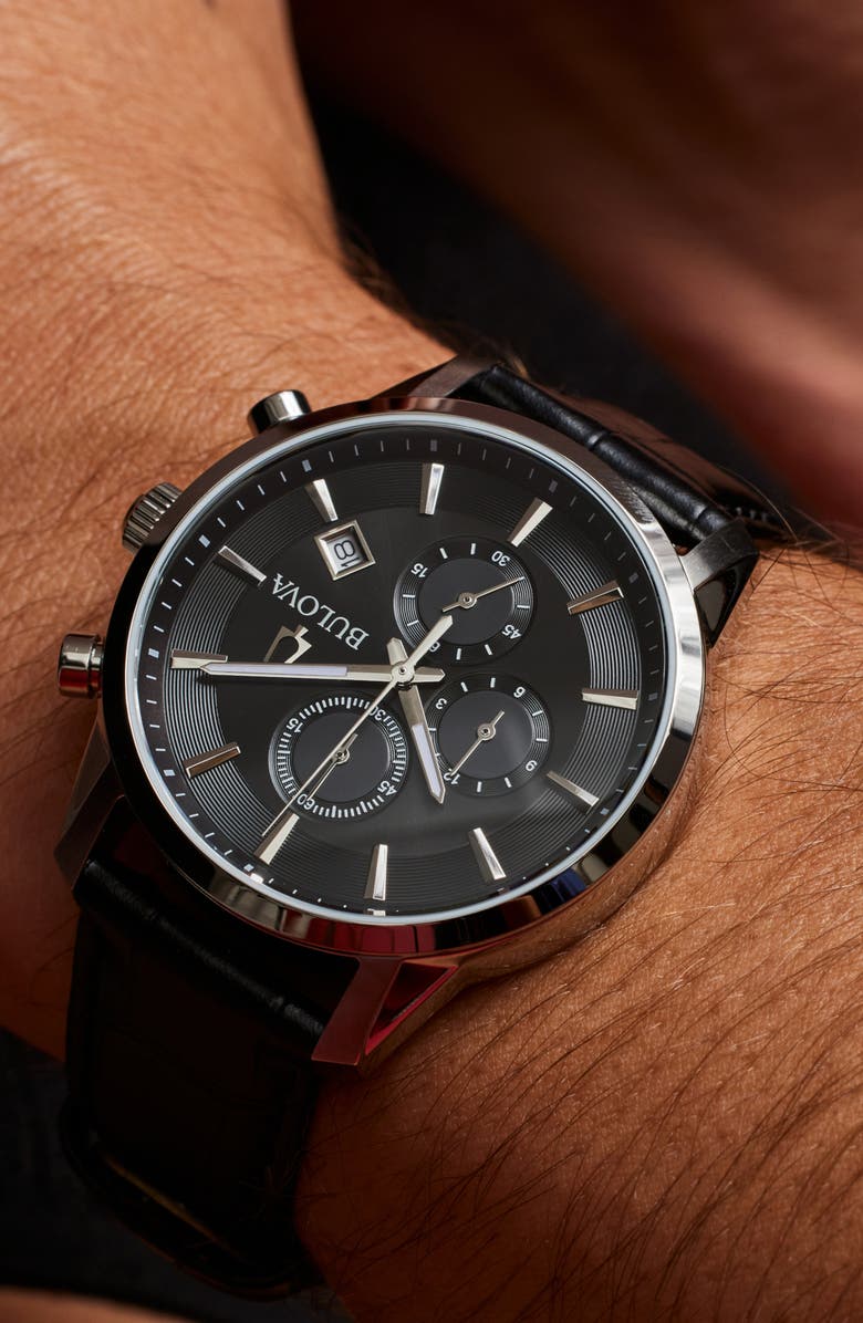 BULOVA Sutton Leather Strap Chronograph Watch, 41mm, Alternate, color, Silver-Tone