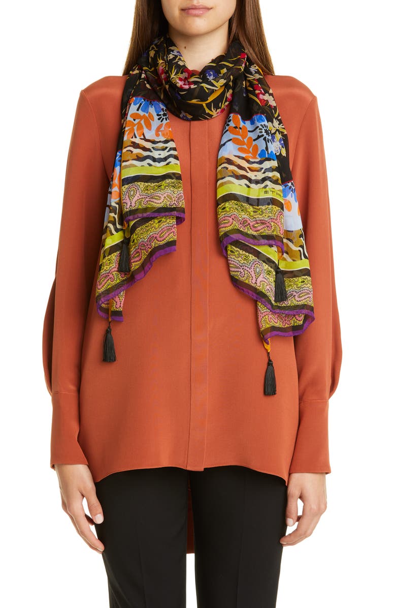 Etro Delhy Tassel Silk Scarf, Main, color,