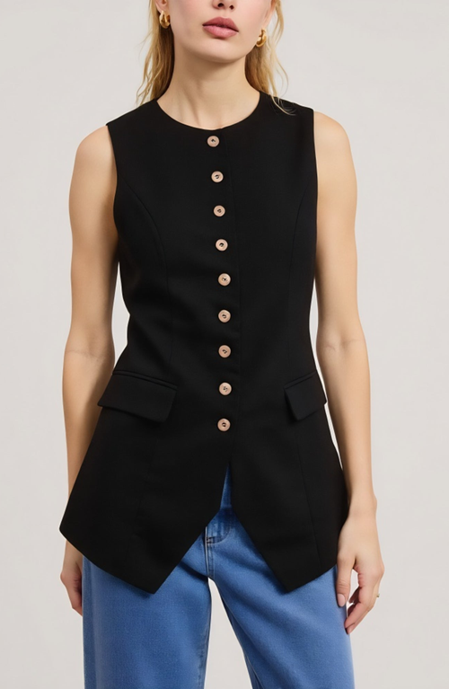 Modenaire Longline Sleeveless Button Vest With Flap Pockets And Tailored Hem In Black