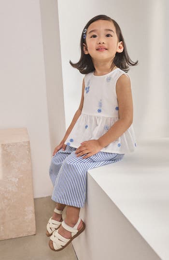 Kids' Embroidered Cotton & Linen Peplum Top & Stripe Pants Set