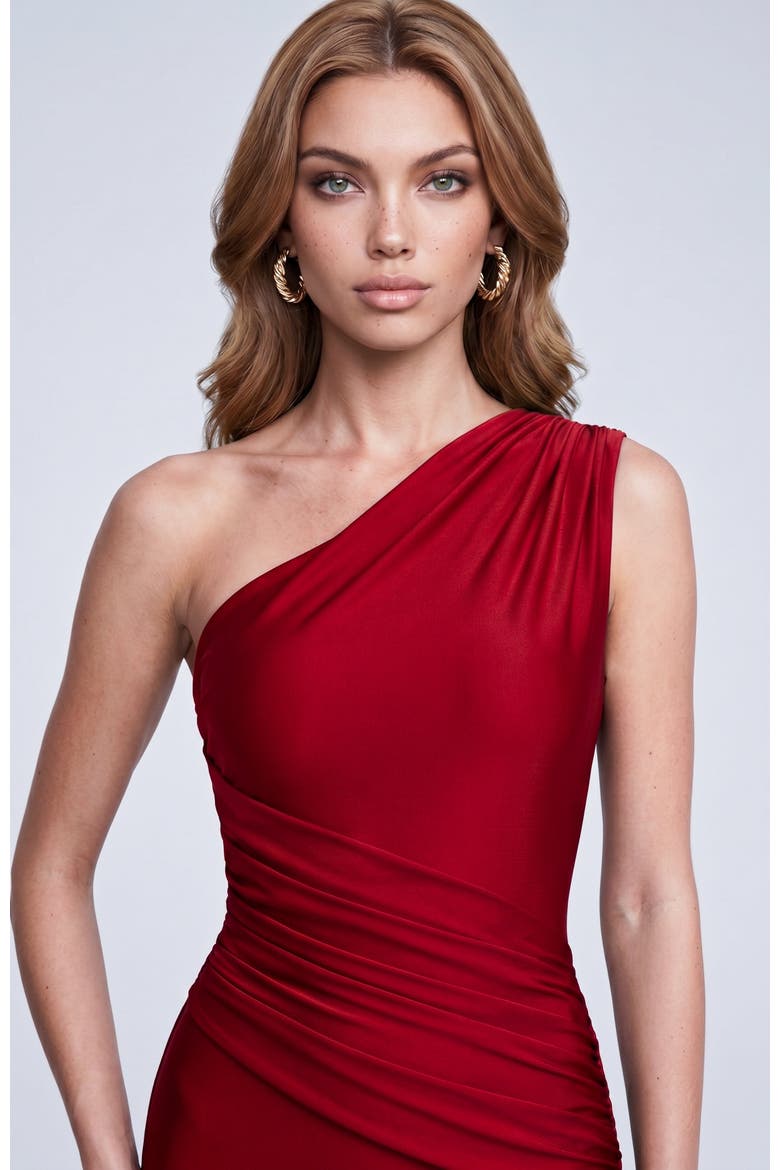 One Shoulder Ruched Mermaid Evening Gown, Alternate, color, Red