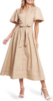 FLYING TOMATO Flutter Sleeve Cotton Shirtdress