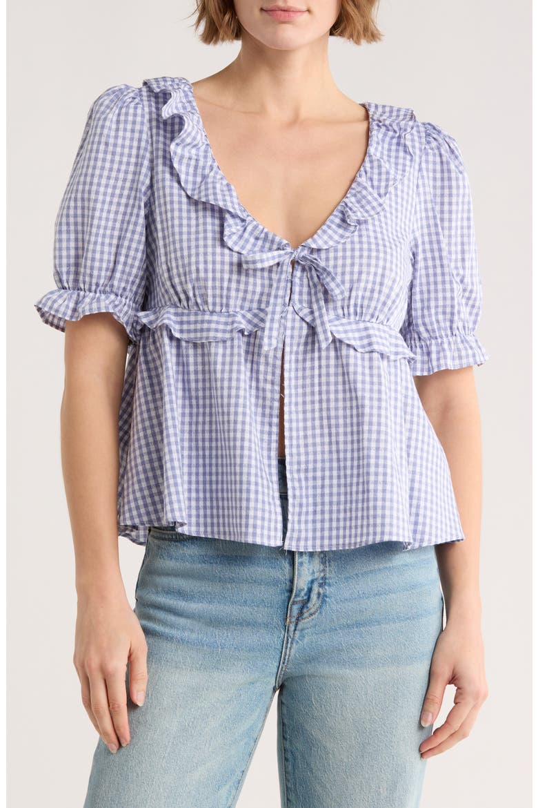 Short Sleeve Ruffle Top, Main, color, BLUE F- WHITE GINGHAM