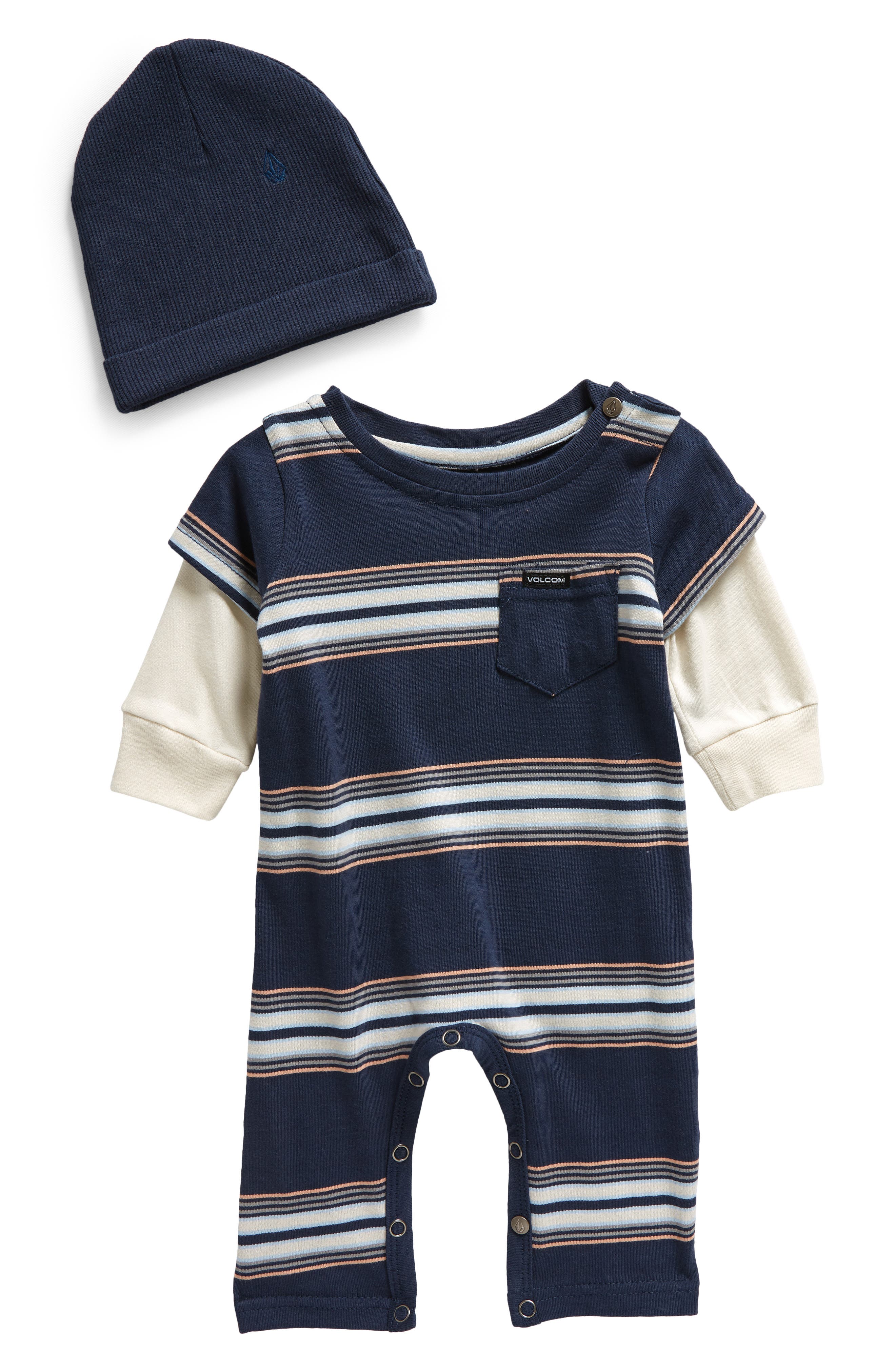 Volcom Stripe Colorblock Cotton Romper & Beanie Set | Nordstromrack