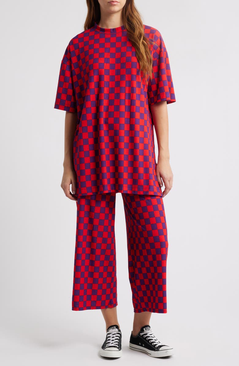 Dressed in Lala Lex Ribbed Oversize T-Shirt & High Waist Crop Pants Set, Main, color, Red/ Purple