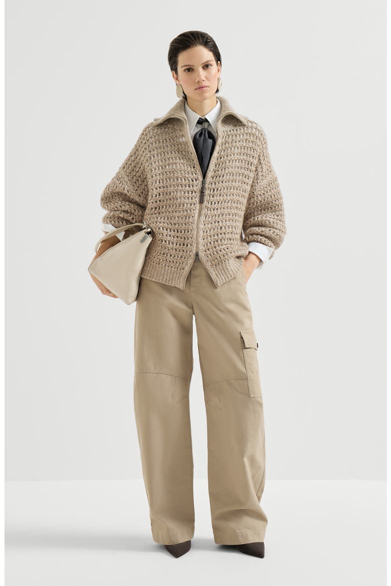 Dazzling soft virgin wool and cashmere net cardigan, Alternate, color, Light Brown