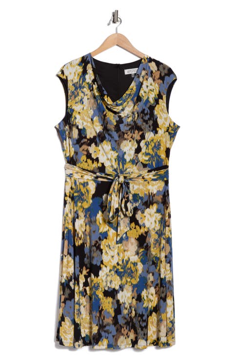 Floral Cowl Neck Sleeveless Fit & Flare Dress (Plus)