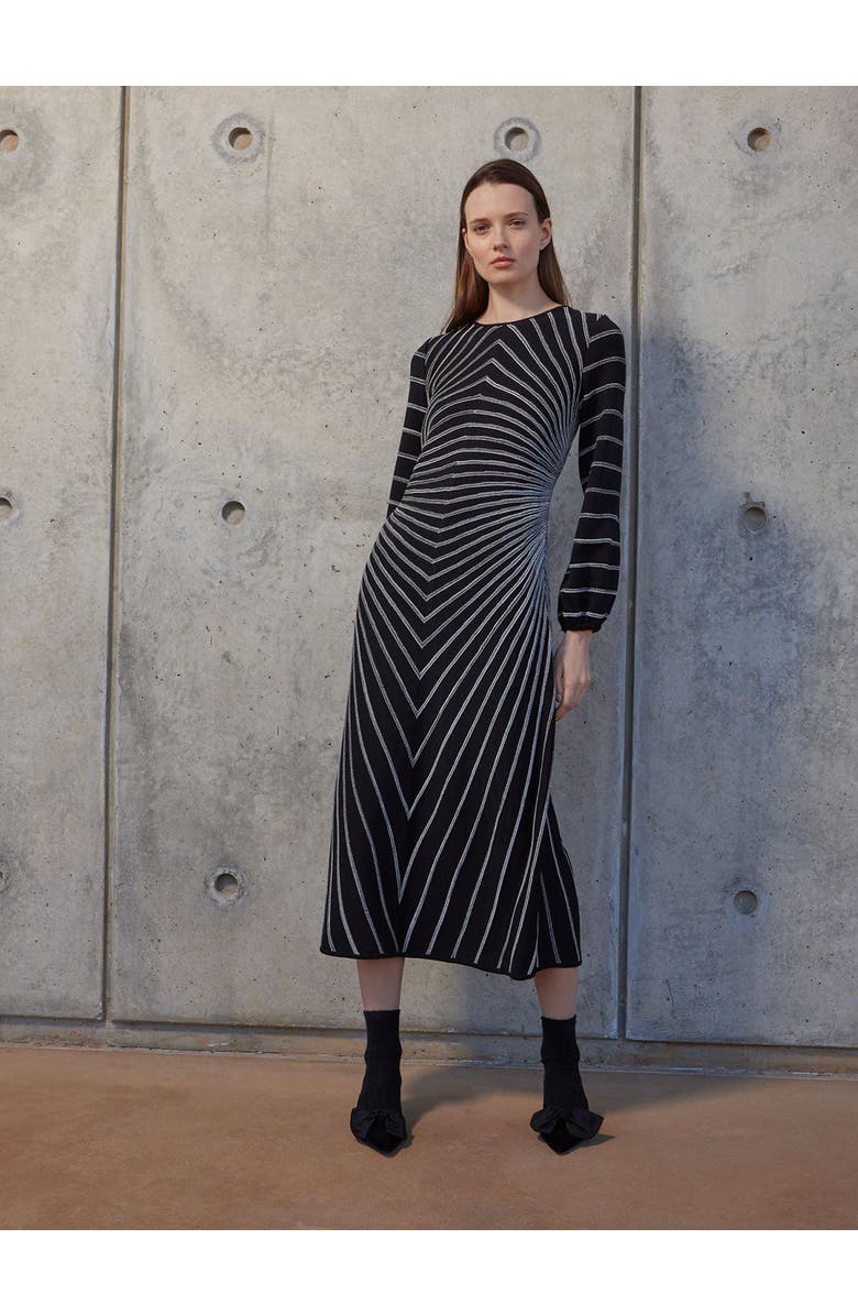 Misook A-Line Melange Striped Soft Knit Midi Dress, Alternate, color, Black/New Ivory