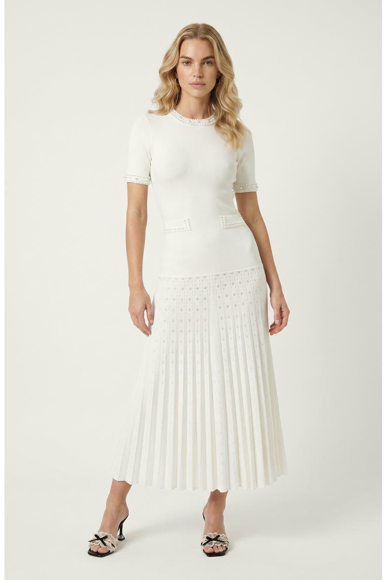 Pearl Embellished Fitted Waist Pleated Midi Knit Dress, Main, color, White