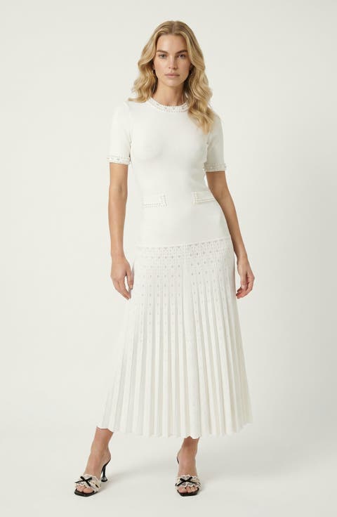 Pearl Embellished Fitted Waist Pleated Midi Knit Dress
