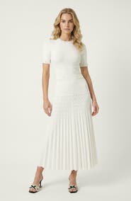 Modenaire Pearl Embellished Fitted Waist Pleated Midi Knit Dress