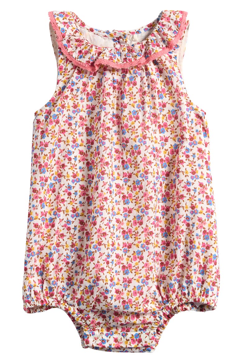 Frill Neck Bubble Romper, Main, color, NEON PINK DITSY FLORAL