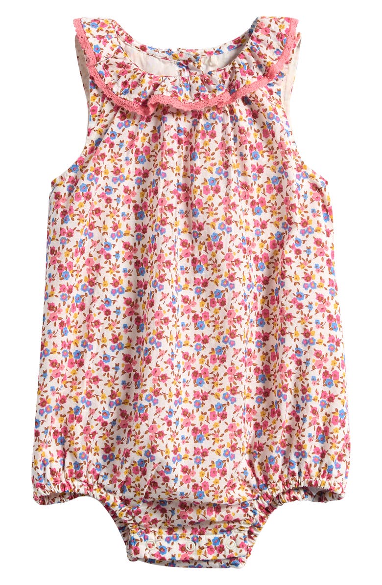 Mini Boden Frill Neck Bubble Romper, Main, color, Neon Pink Ditsy Floral