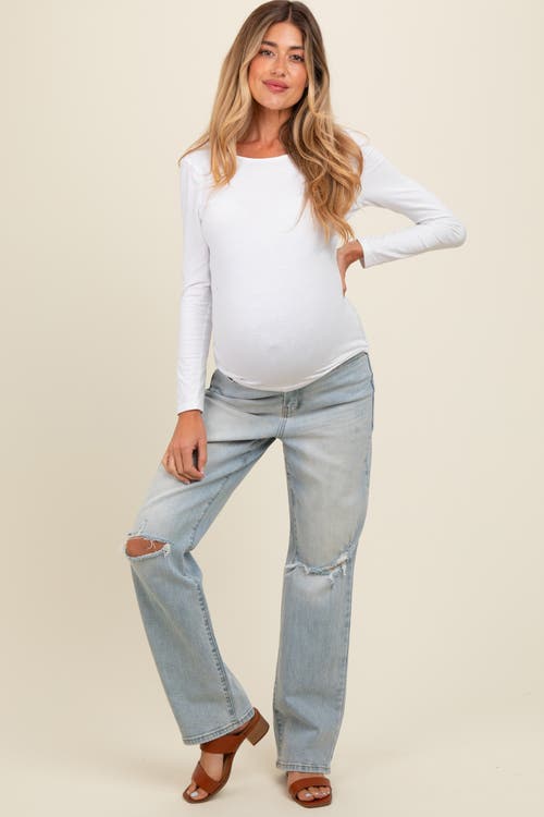 Pinkblush Open Knee Relaxed Straight Leg Maternity Jeans In Blue