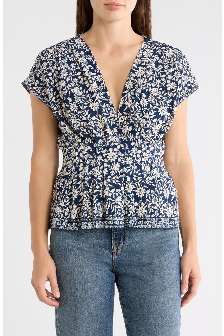 V-Neck Short Sleeve Pleated Top, Main, color, DARK NAVY SILHOUETTE