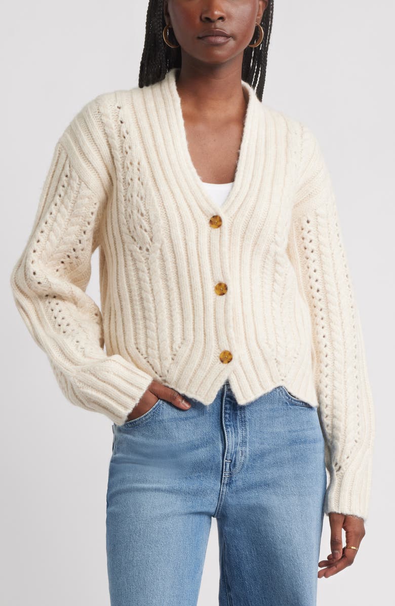Treasure & Bond Chevron Hem Cable Cardigan, Main, color, Beige Oatmeal Light Heather