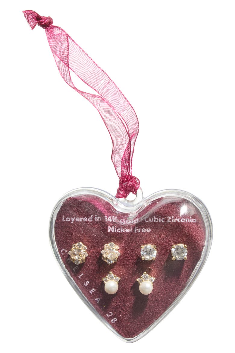 Heart Ornament Set of Three Stud Earrings, Alternate, color, GOLD- PEARL
