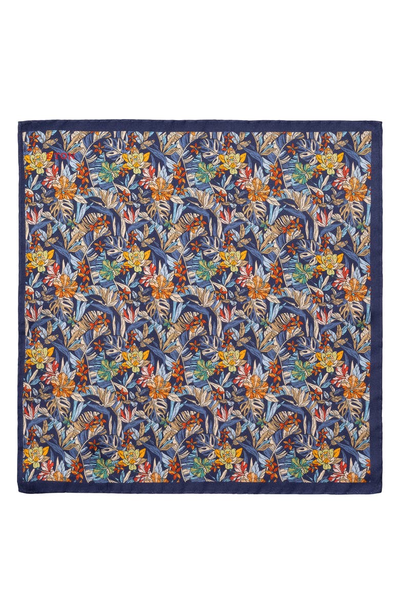 Eton Tropical Print Silk Pocket Square, Alternate, color, Navy