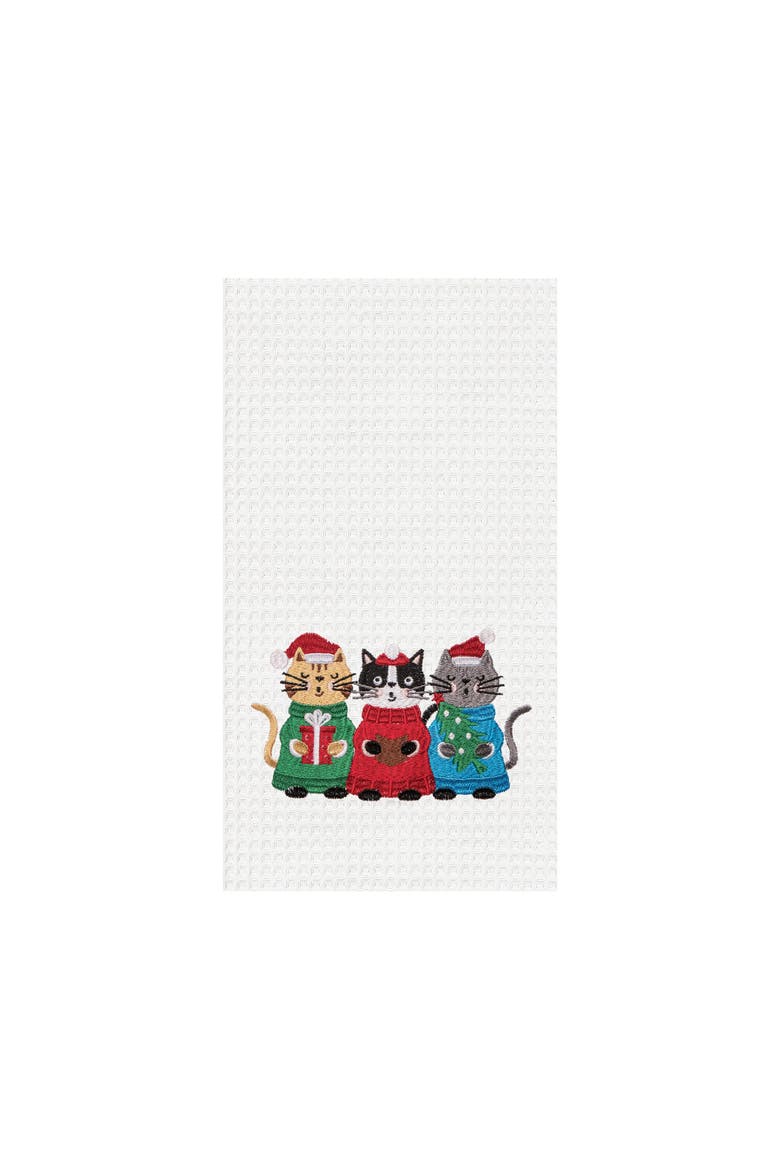 Christmas Caroling Cats Embroidered Cotton Waffle Weave Kitchen Dishtowel, Main, color, White