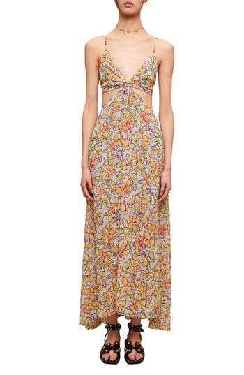 maje Rawaiene Floral Print Cutout Dress in Imprime Hibiscus Orange/bleu at Nordstrom Rack, Size 36