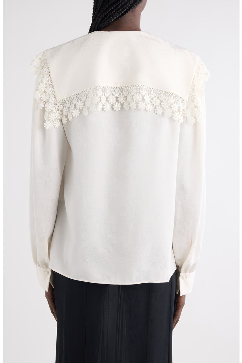 Floral Lace Trim Organic Silk Button-Up Shirt, Alternate, color, ICONIC MILK
